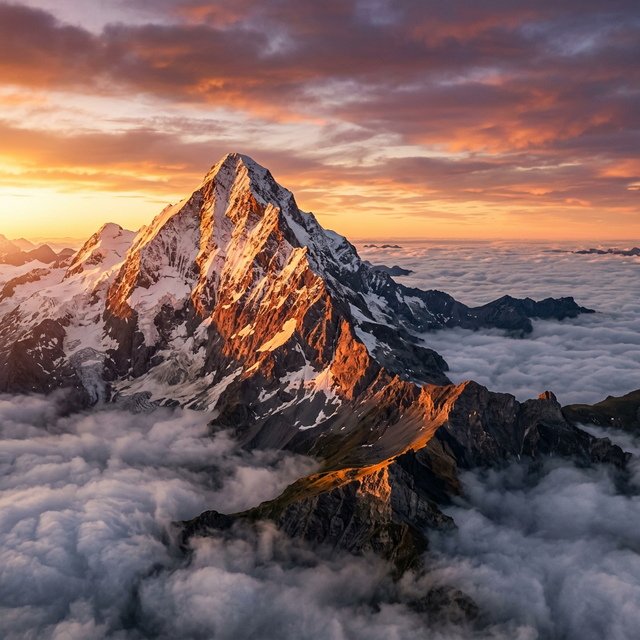 A majestic snow-capped mountain peak rising above a sea of clouds at golden hour, with dramatic sunlight casting warm tones across rugged rocky ridges and alpine terrain, no people, ultra wide landscape photography